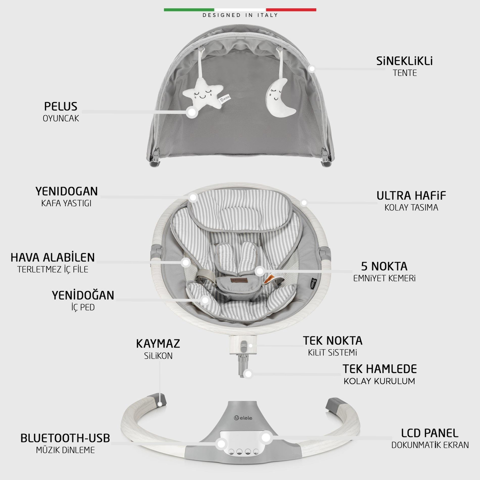 Elele Amore 2 Elektrikli Otomatik Sallanan Ana Kucağı Kademeli Gri