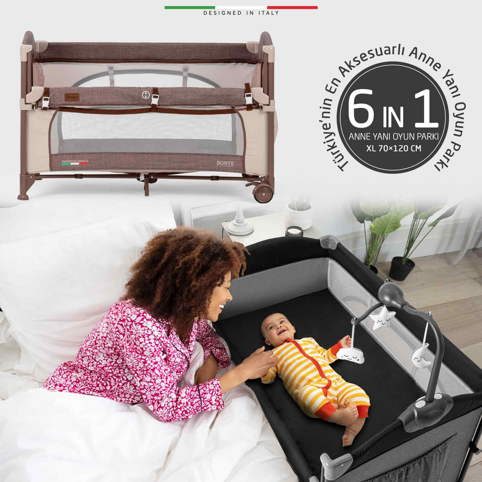 Elele Bonte 2 6in1 Lüks Anne Yanı Oyun Parkı Park Yatak XL 70x120 cm Kahverengi