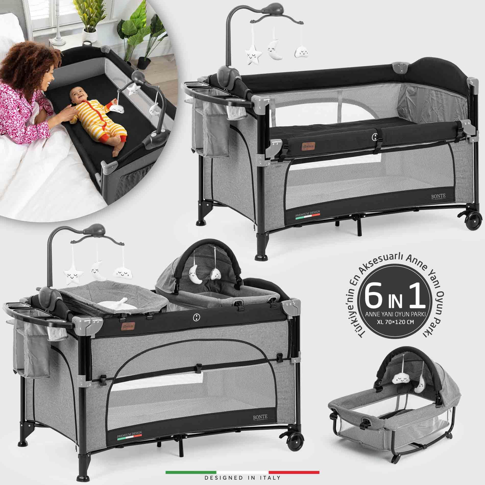 Elele Bonte 2 6in1 Lüks Anne Yanı Oyun Parkı Park Yatak XL 70x120 cm Gri-Siyah