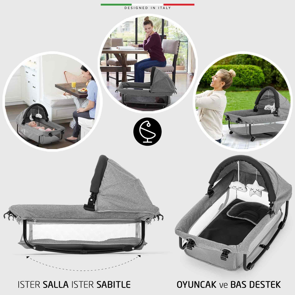 Elele Bonte 2 6in1 Lüks Anne Yanı Oyun Parkı Park Yatak XL 70x120 cm Gri-Siyah