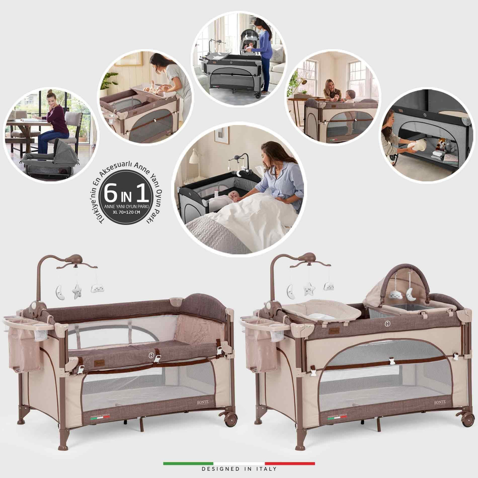 Elele Bonte 2 6in1 Lüks Anne Yanı Oyun Parkı Park Yatak XL 70x120 cm Kahverengi