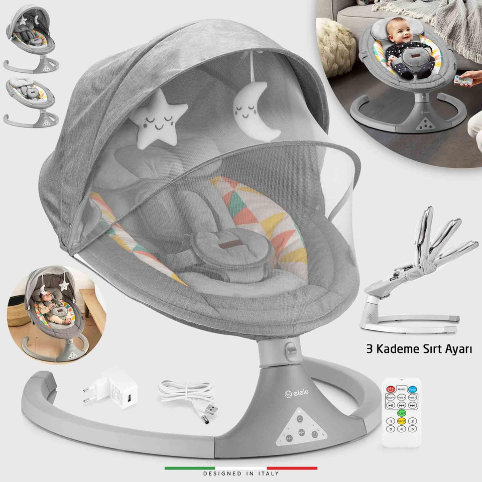Elele Dormire 2 Elektrikli Otomatik Sallanan Kademeli Ana Kucağı Gri