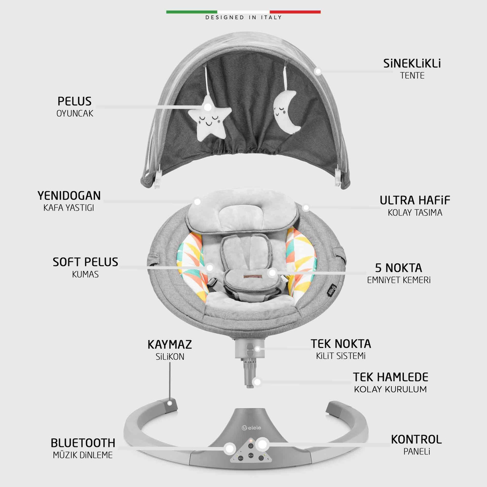 Elele Dormire 2 Elektrikli Otomatik Sallanan Kademeli Ana Kucağı Gri