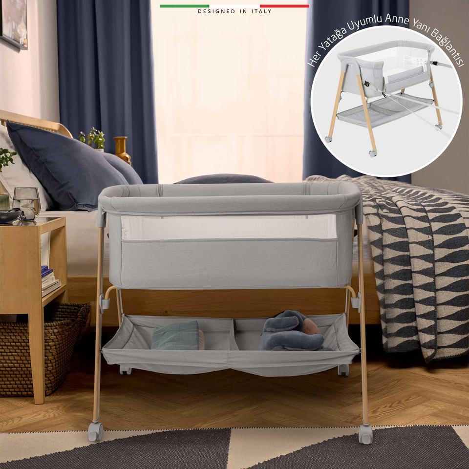 Elele Legno Anne Yanı Beşik ve Bebek Beşiği Gri