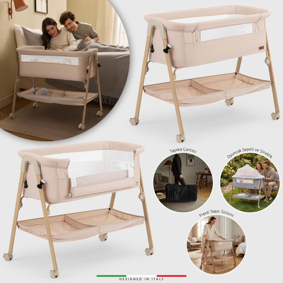 Elele Legno Anne Yanı Beşik ve Bebek Beşiği Bej