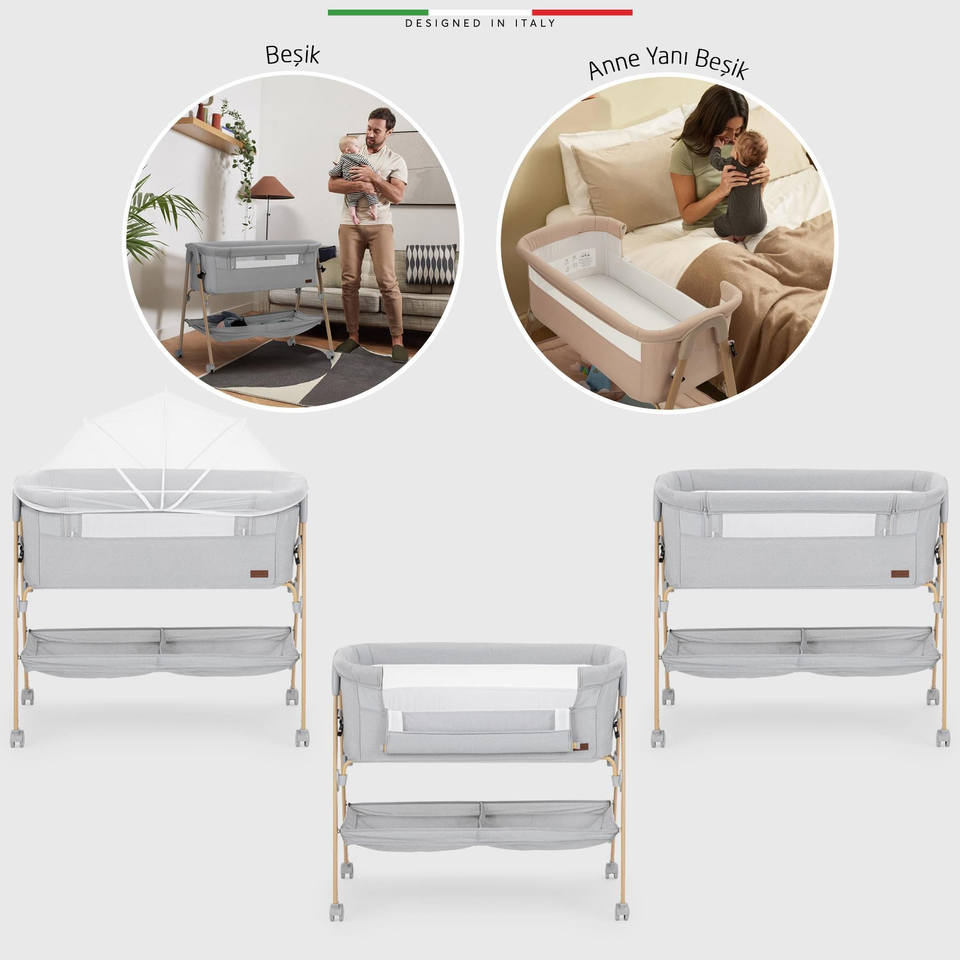 Elele Legno Anne Yanı Beşik ve Bebek Beşiği Gri