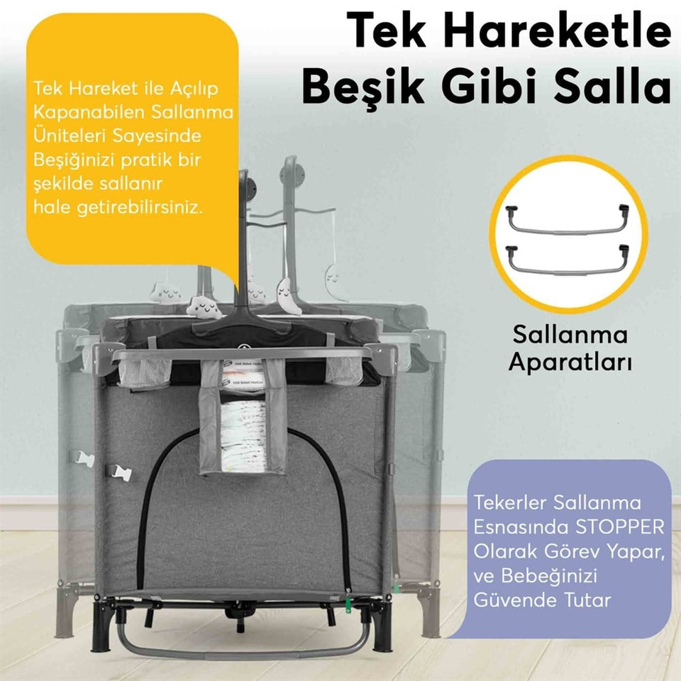 Elele Madre Anne Yanı Park Yatak Oyun Parkı 70x110 cm Siyah-Gri