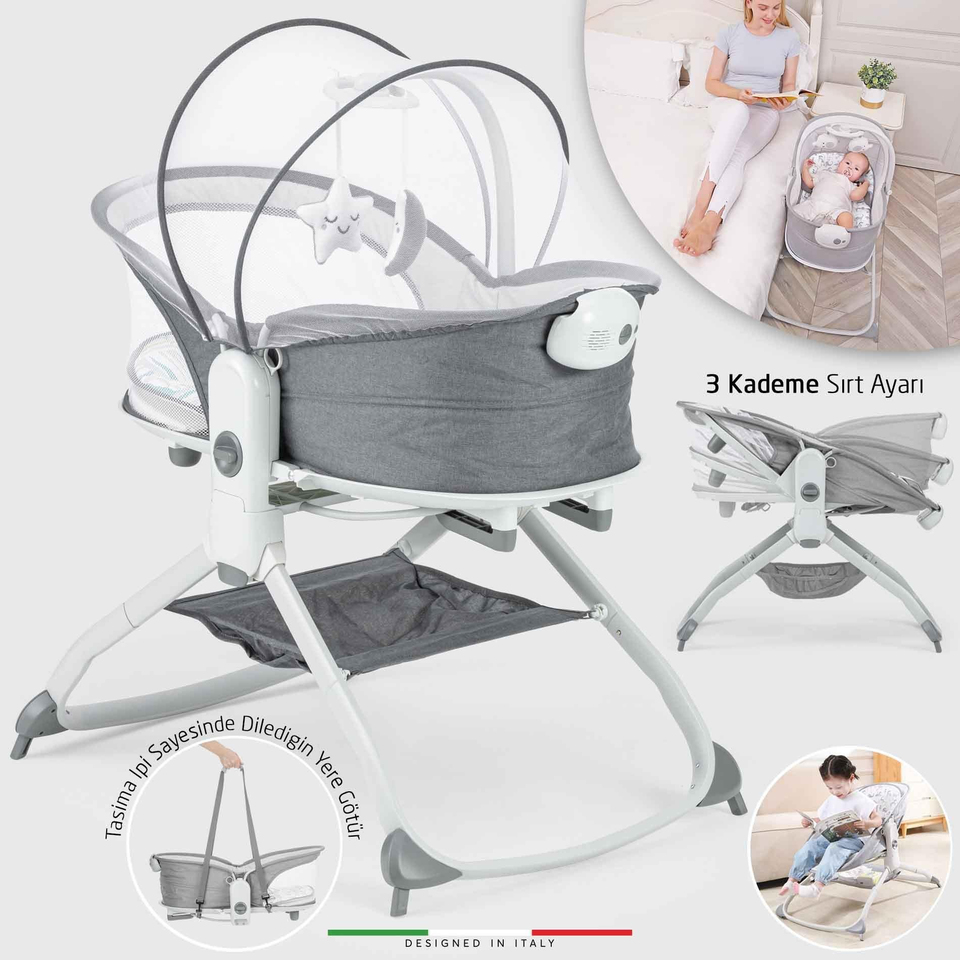 Elele Mira 6in1 Anne Yanı Beşik ve Ana Kucağı Sallanan Müzikli Titreşimli Kademeli Koyu Gri