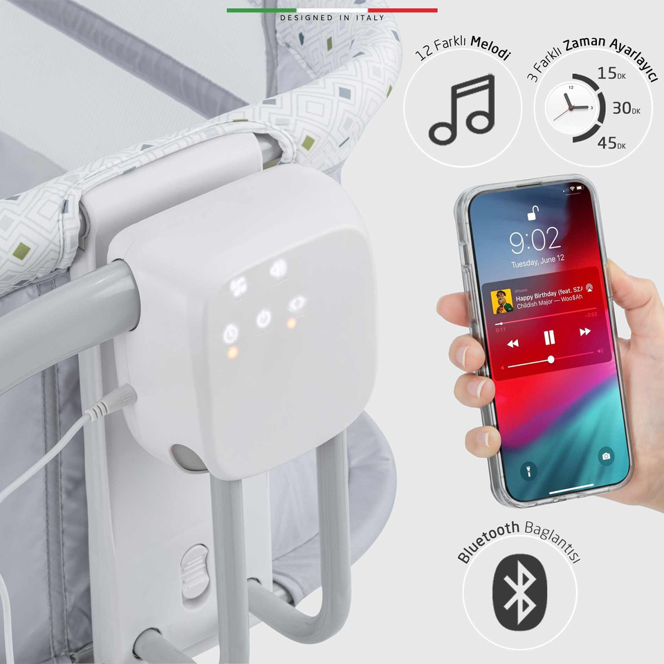 Elele Nova 3in1 Elektrikli Otomatik Sallanan Anne Yanı Beşik Park Yatak Kademeli Gri