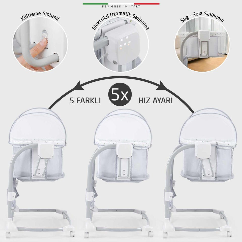 Elele Nova 3in1 Elektrikli Otomatik Sallanan Anne Yanı Beşik Park Yatak Kademeli Gri