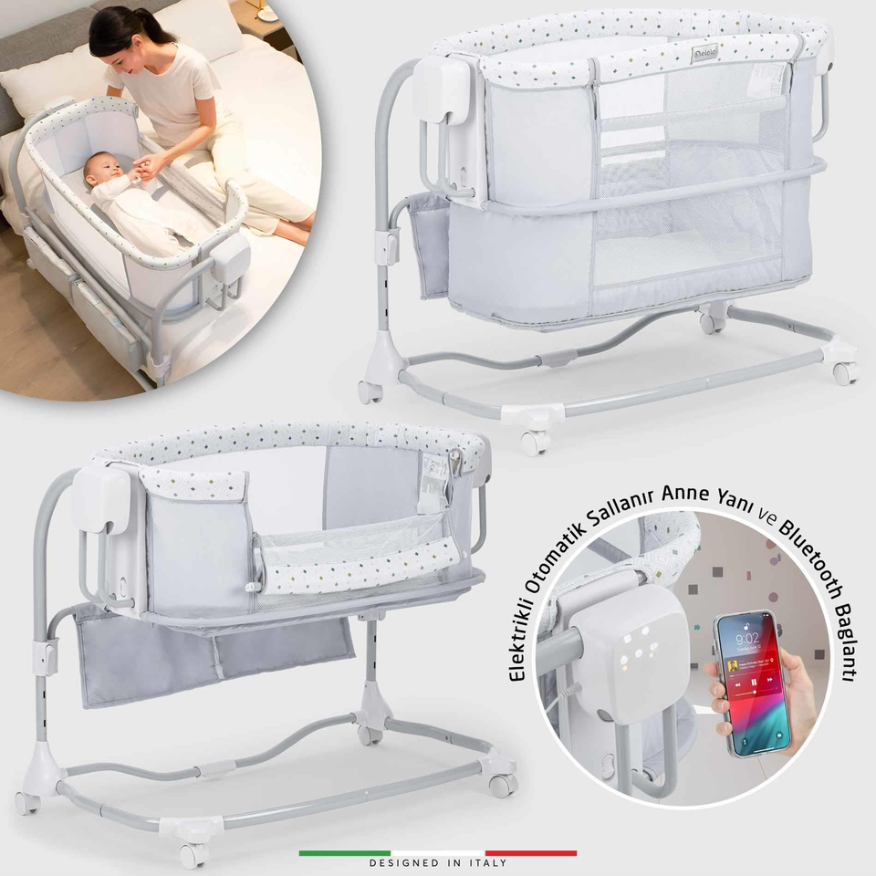 Elele Nova 3in1 Elektrikli Otomatik Sallanan Anne Yanı Beşik Park Yatak Kademeli Gri