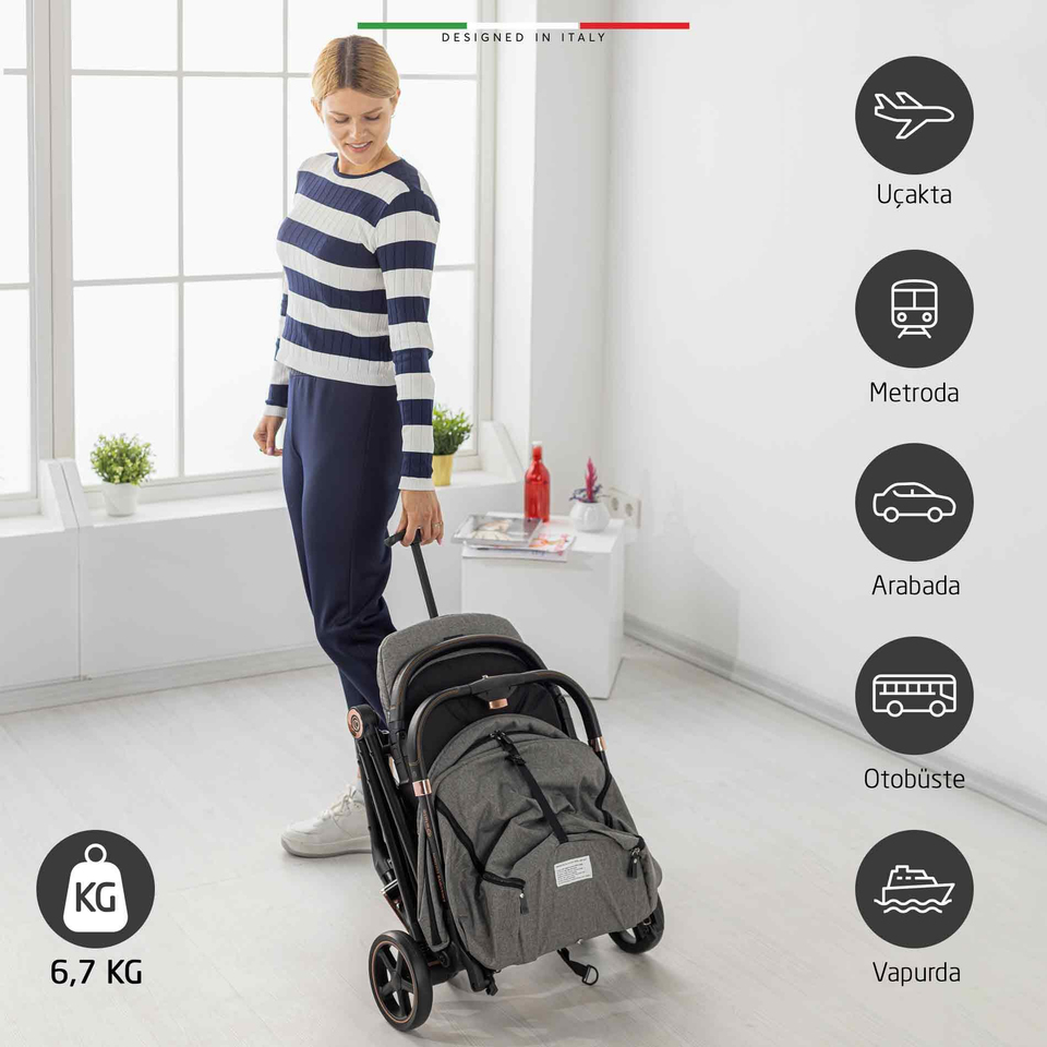 Elele Plane 2 Kabin Tipi Bebek Arabası Rose Gri-Siyah
