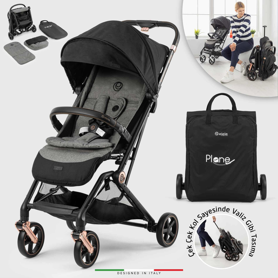 Elele Plane 2 Kabin Tipi Bebek Arabası Rose Siyah-Gri