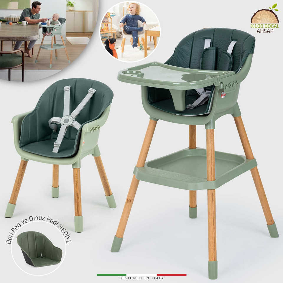 Elele Verona 2 4in1 Ahşap Bebek Mama Sandalyesi ve Mama Oturağı Deri Pedli Yeşil