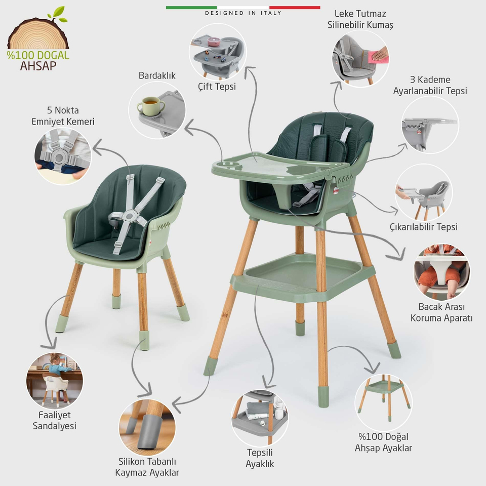 Elele Verona 2 4in1 Ahşap Bebek Mama Sandalyesi ve Mama Oturağı Deri Pedli Yeşil