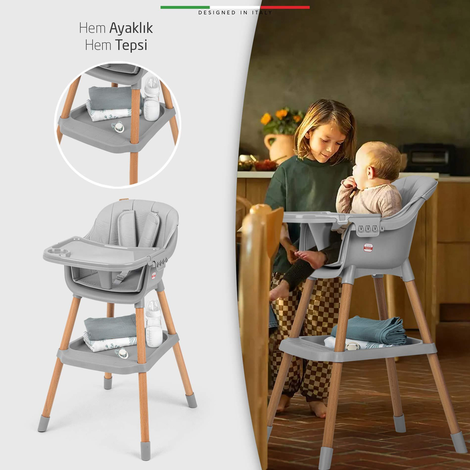 Elele Verona 2 4in1 Ahşap Bebek Mama Sandalyesi ve Mama Oturağı Deri Pedli Ekru