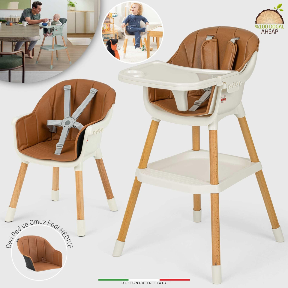 Elele Verona 2 4in1 Ahşap Bebek Mama Sandalyesi ve Mama Oturağı Deri Pedli Ekru