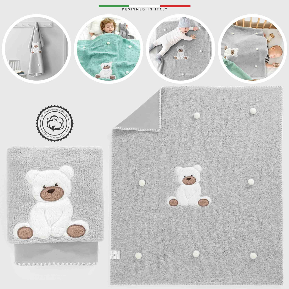 EleleLife Bear Bebek Battaniyesi Kuzu Tüyü 90x100 Cm Gri