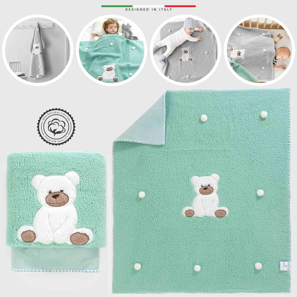 EleleLife Bear Bebek Battaniyesi Kuzu Tüyü 90x100 Cm Mint