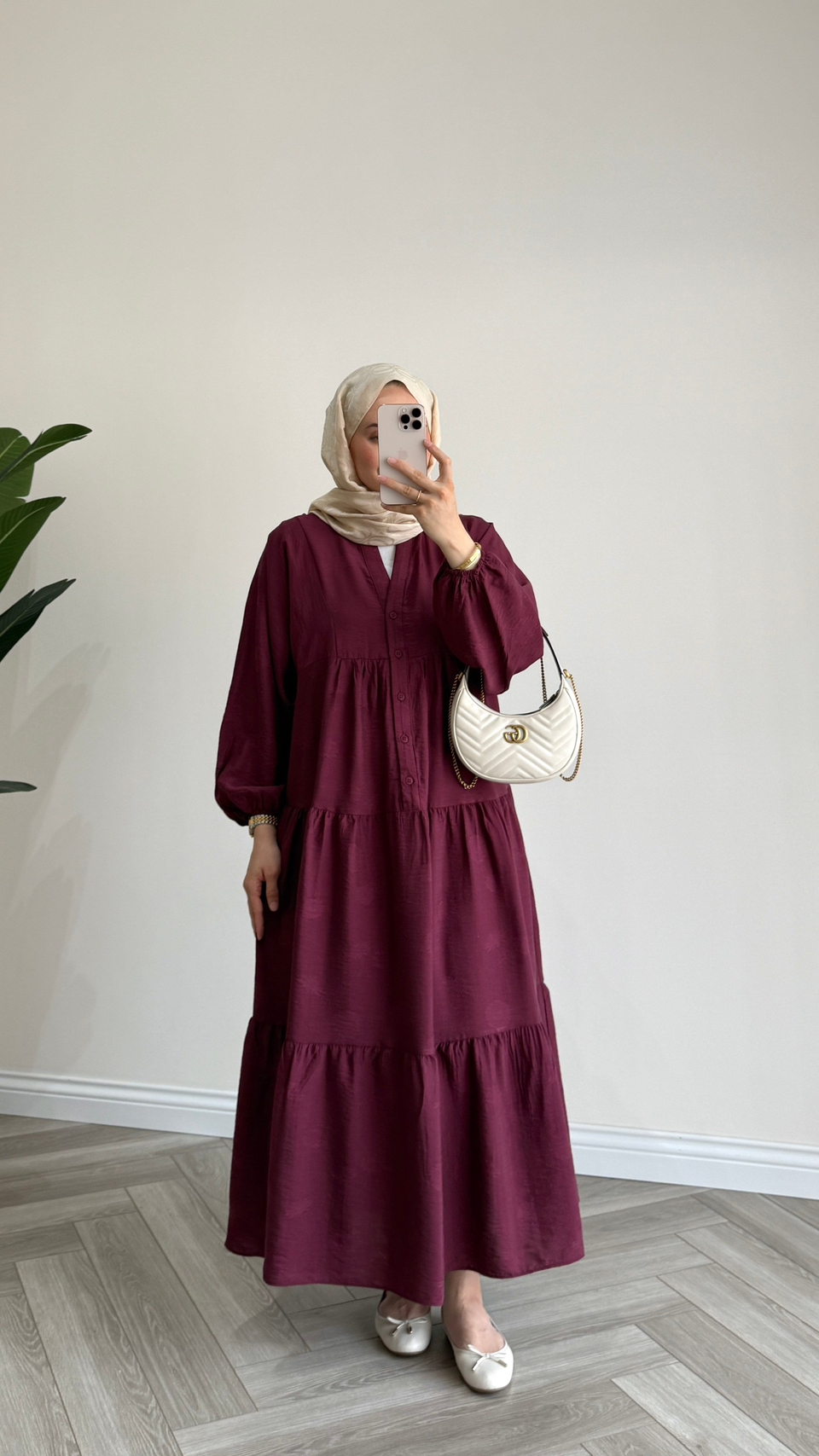 Baskılı Basic Elbise | Bordo