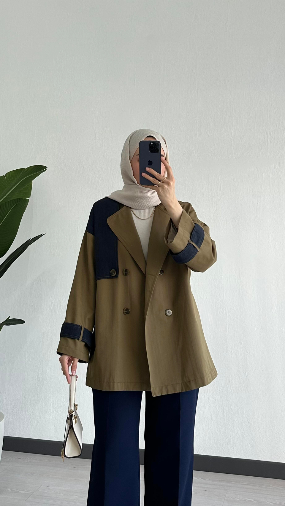 Denim Detaylı Trenç Haki
