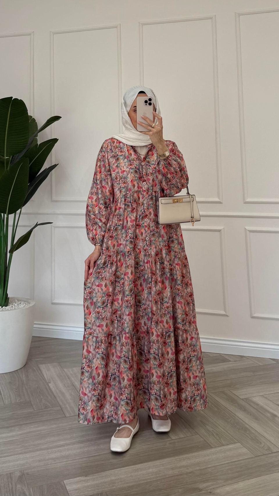 Suluboya Çiçek Desenli Elbise Pembe