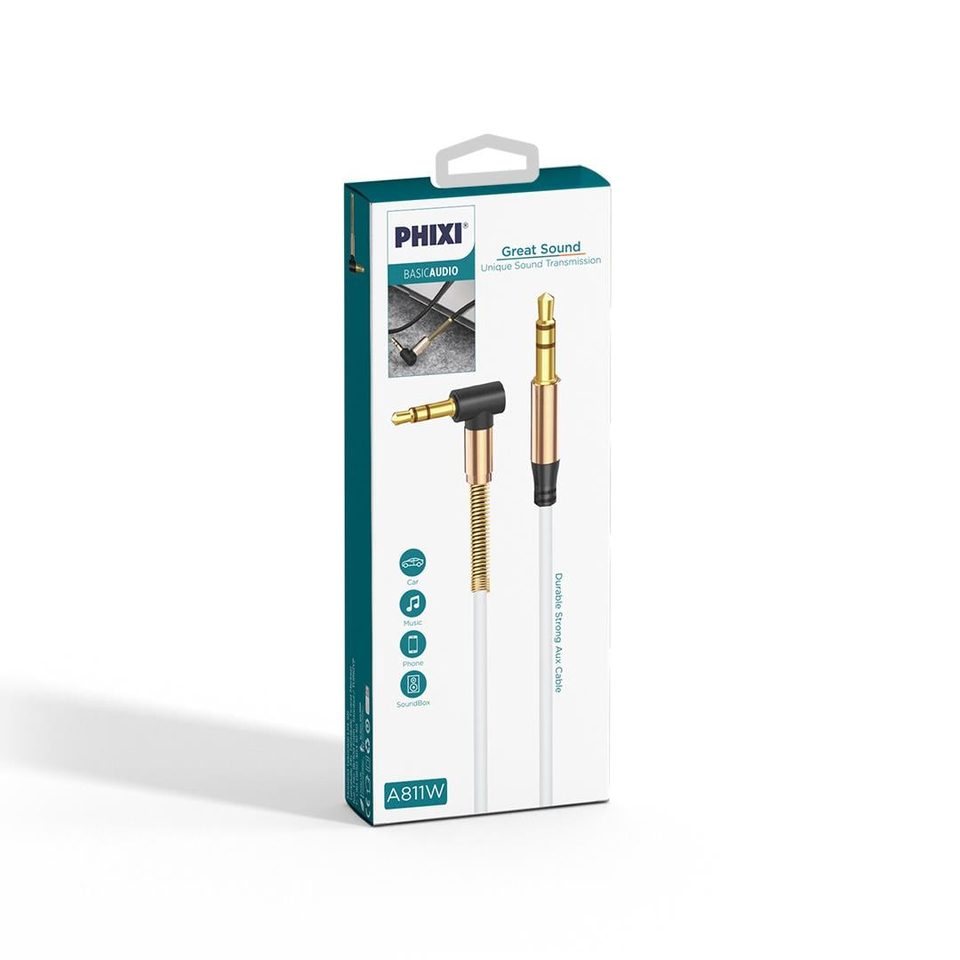 Phixi Basic A811 L Kesim Metal Başlıklı ve Yaylı 3.5mm Aux Kablo