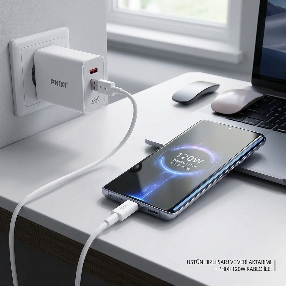 Phixi Force CB465 120W USB-C Şarj ve Data Kablosu – 6A Hızlı Şarj