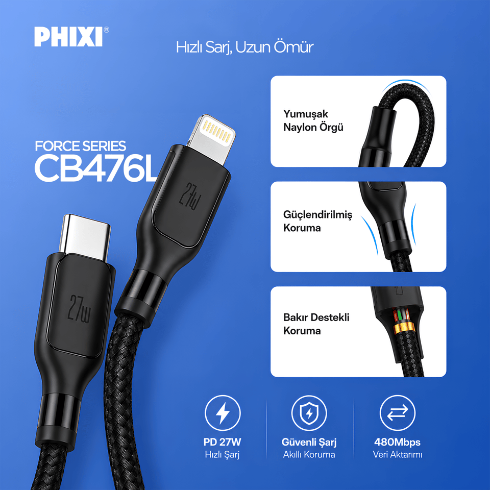 PHIXI Force CB476L 27W Type-C to Lightning Hızlı Şarj ve 480Mbps Data Aktarım Kablosu Siyah Örgülü