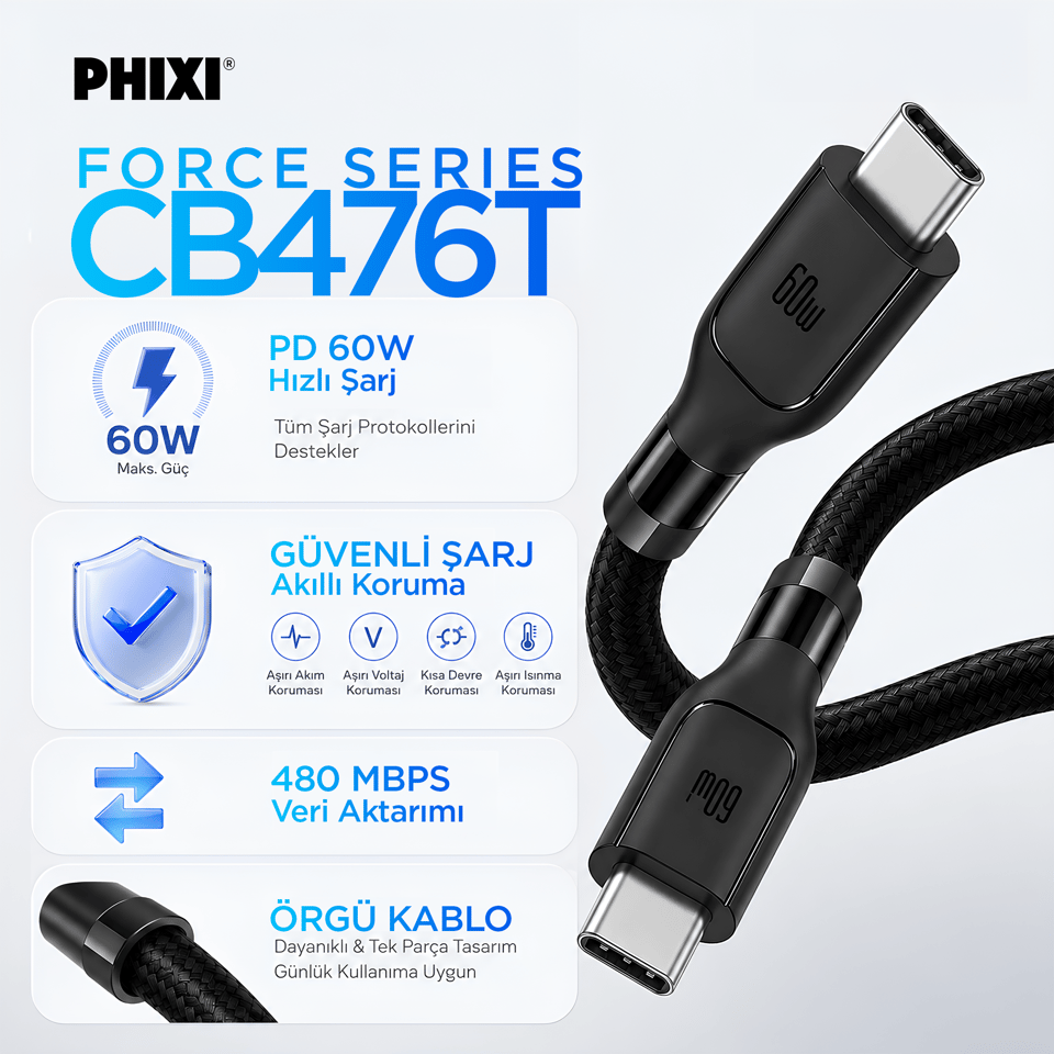 PHIXI Force CB476T 60W Type-C to Type-C Hızlı Şarj ve 480Mbps Data Kablosu Siyah Örgülü