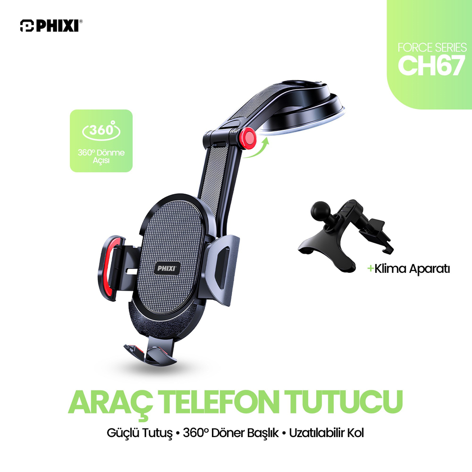 Phixi Force CH67 Kavramalı 360° Tripot ve Kıskaçlı Ayarlanabilir Araç Tutucu