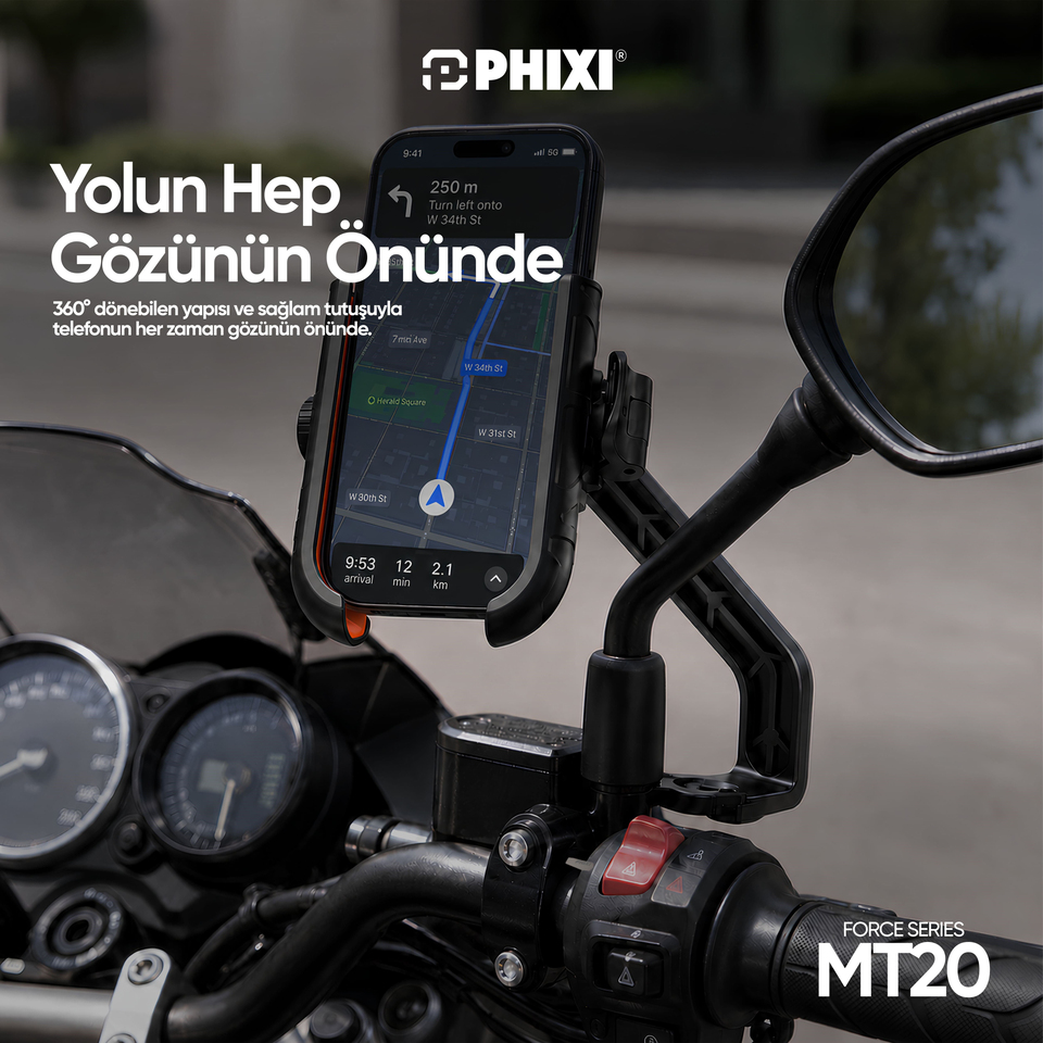PHIXI Force MT20 360° Döner Çift Montajlı Motosiklet ve Bisiklet Telefon Tutucu