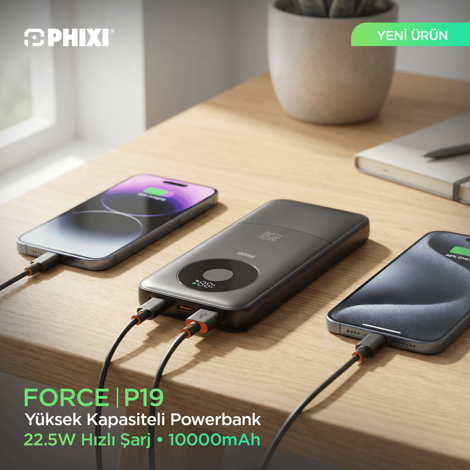 PHIXI Force P19 10000mAh Powerbank – 22.5W Hızlı Şarj Dual USB Taşınabilir Şarj Cihazı