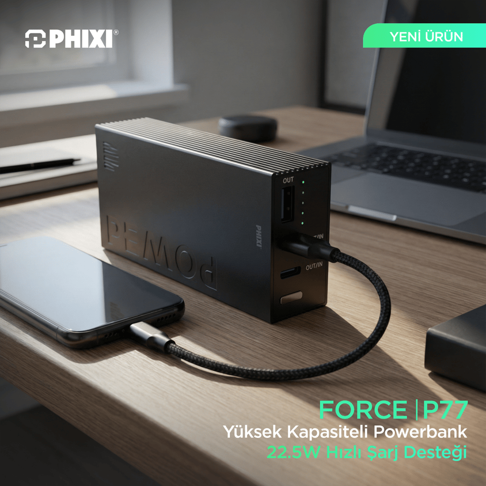 PHIXI Force P77 10000mAh Powerbank – 22.5W Hızlı Şarj, Metal Kasa Taşınabilir Şarj Cihazı