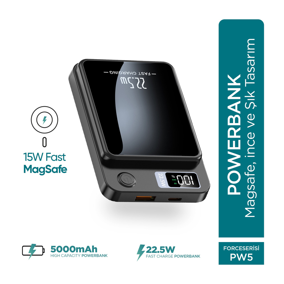 Phixi Force PW5 5000mAh 22.5W MagSafe Powerbank  - Kablosuz Mini Şarj Cihazı - 1 USB 1 PD Port - Dijital Ekran - Taşınabilir Şarj Cihazı