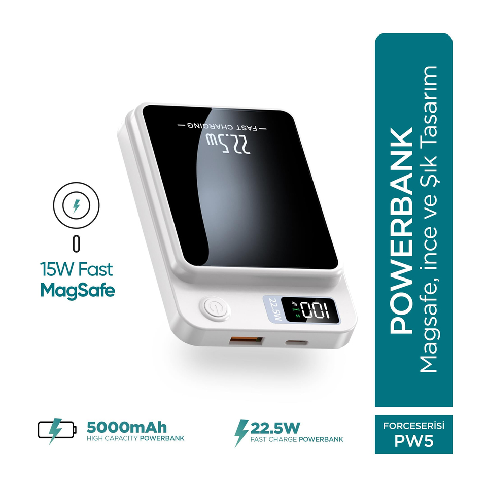 Phixi Force PW5 5000mAh 22.5W MagSafe Powerbank  - Kablosuz Mini Şarj Cihazı - 1 USB 1 PD Port - Dijital Ekran - Taşınabilir Şarj Cihazı