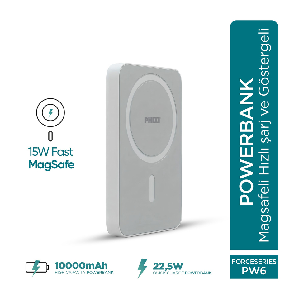PHIXI Force PW6 5000 mAh 15W Ultra İnce Manyetik Kablosuz Powerbank