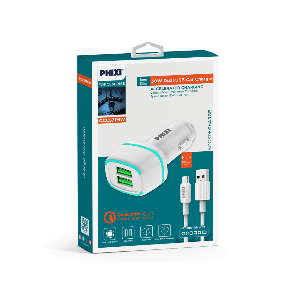 Phixi Force QCC571M Çift Çıkışlı Fast Micro USB Kablolu Araç Şarj Cihazı