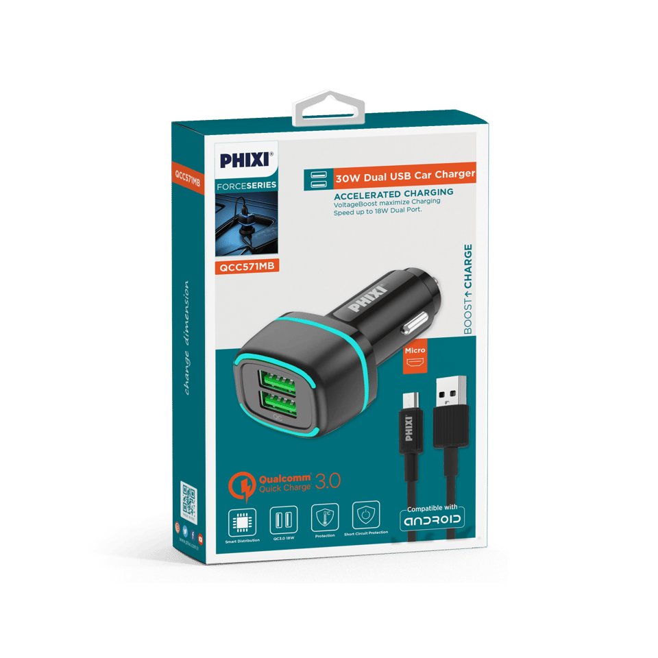 Phixi Force QCC571M Çift Çıkışlı Fast Micro USB Kablolu Araç Şarj Cihazı