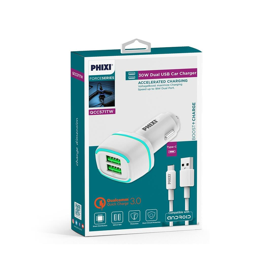 Phixi Force QCC571T Dual Output Fast Type-C USB Wired Car Charger