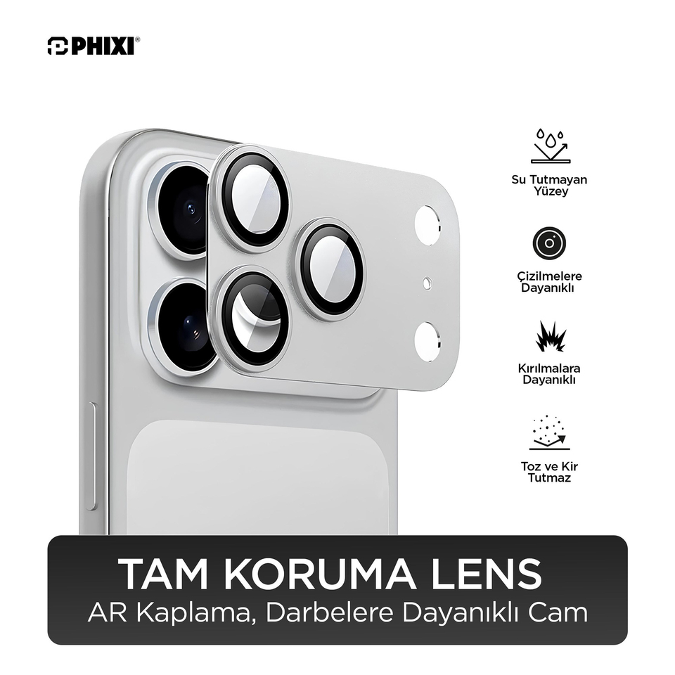 PHIXI Guard Serisi iPhone 17 Pro Tam Kaplama Lens Koruyucu – AR Kaplama, Silver