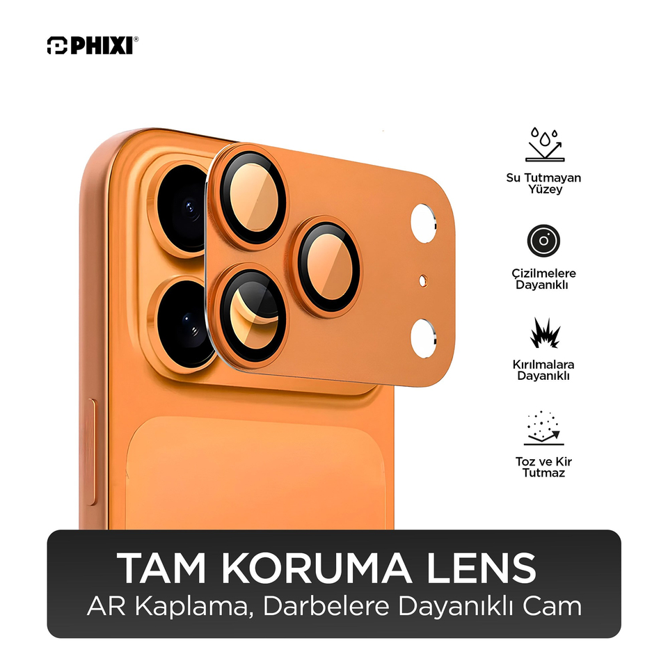 PHIXI Guard Serisi iPhone 17 Pro Tam Kaplama Lens Koruyucu – AR Kaplama, Turuncu