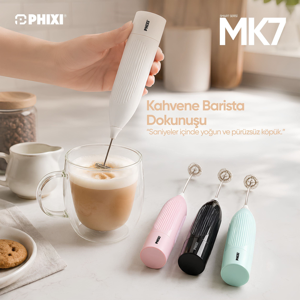 PHIXI MK7 El Tipi Şarjlı Süt ve Kahve Köpürtücü