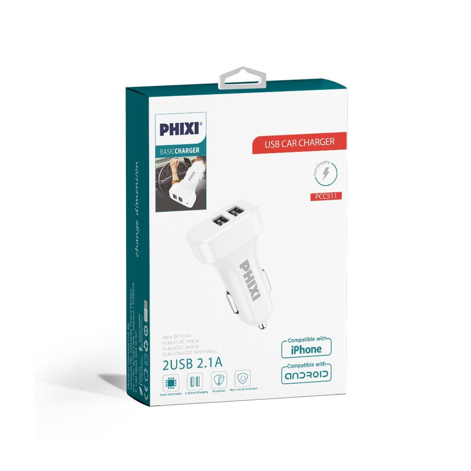 Phixi PCC511 Basic 2.1A Çift Çıkışlı Araç Şarj Adaptörü