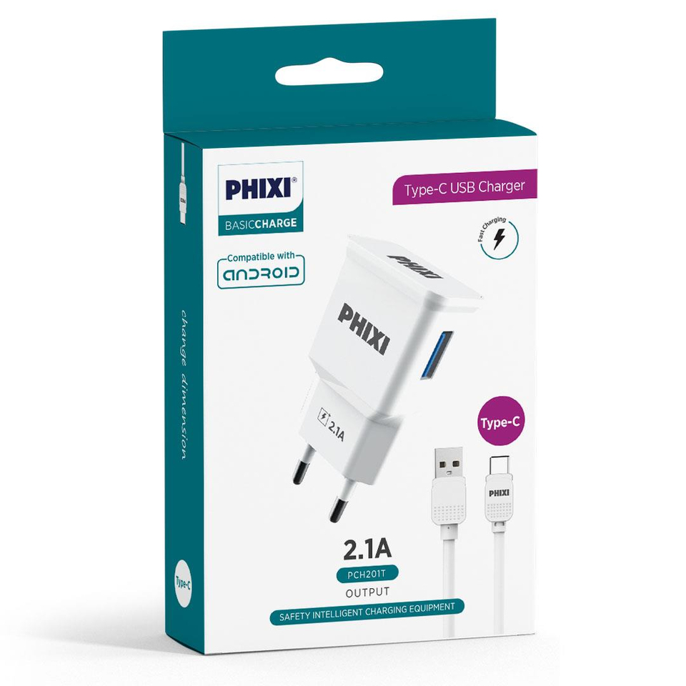 Phixi PCH201T Basic 2.1A Type-C USB Kablolu Şarj Cihazı
