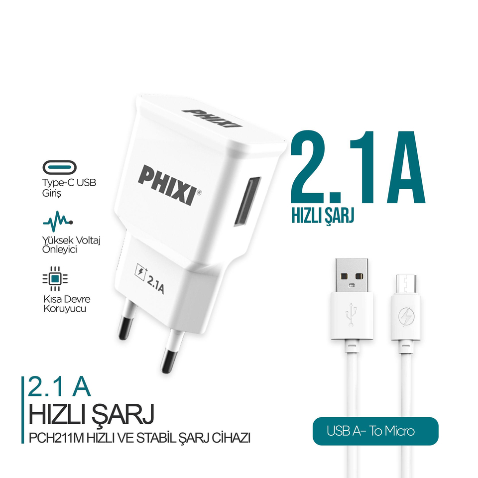PHIXI PCH211M Micro USB Şarj Cihazı 2.1A Adaptör ve Micro USB Kablo