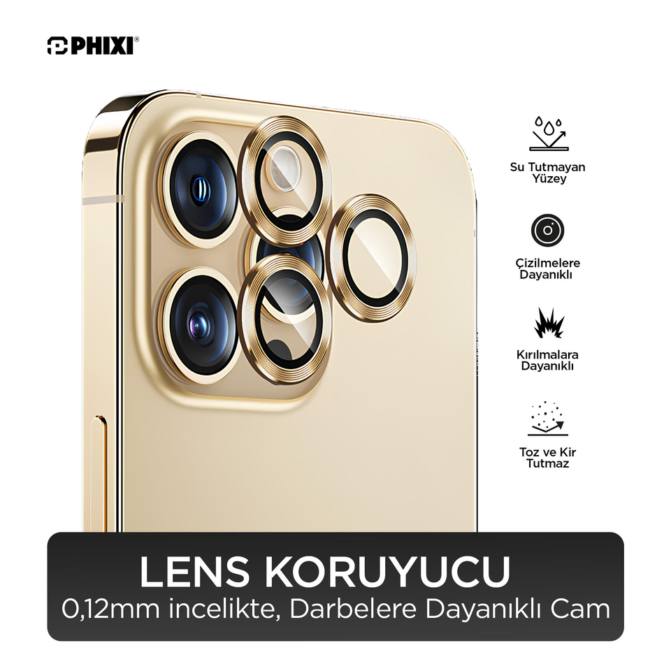 Phixi Premium Guard Series – iPhone 14 Pro / Pro Max Uyumlu Gold Lens Koruyucu | Safir Cam, Kırılmaz, Gerçek Görünüm Camera Lens Protector | Sapphire Glass, Shatterproof, True-to-Life Clarity