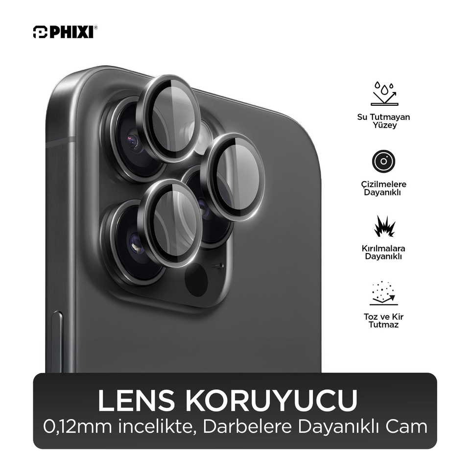 Phixi Premium Guard Series – iPhone 15 Pro / Pro Max Uyumlu Black Titanium Lens Koruyucu | Safir Cam, Kırılmaz, Gerçek Görünüm Camera Lens Protector | Sapphire Glass, Shatterproof, True-to-Life Clarity