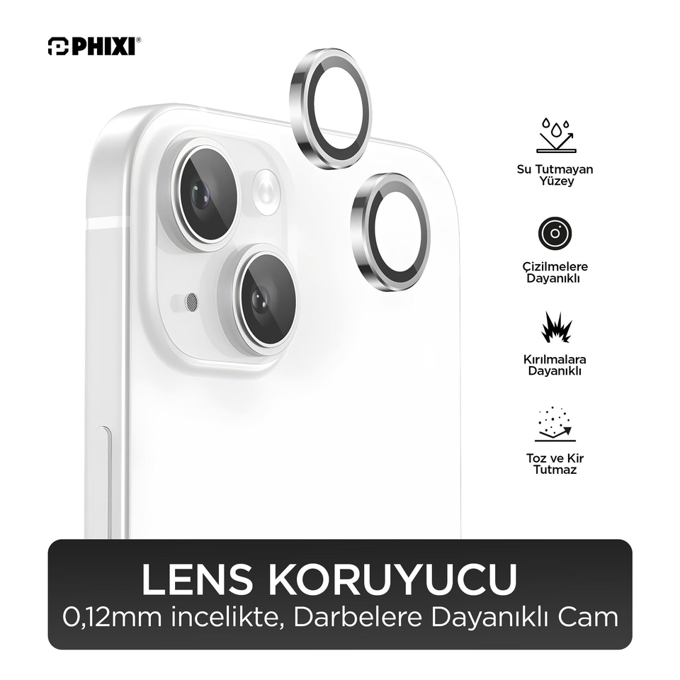 Phixi Premium Guard Series – iPhone 15 / Plus Uyumlu White Lens Koruyucu | Safir Cam, Kırılmaz, Gerçek Görünüm Camera Lens Protector | Sapphire Glass, Shatterproof, True-to-Life Clarity