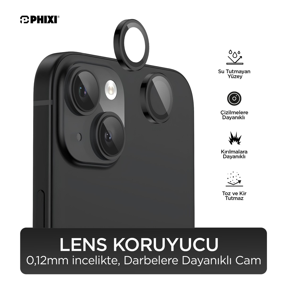 Phixi Premium Guard Series – iPhone 15 / Plus Uyumlu Black Lens Koruyucu | Safir Cam, Kırılmaz, Gerçek Görünüm Camera Lens Protector | Sapphire Glass, Shatterproof, True-to-Life Clarity